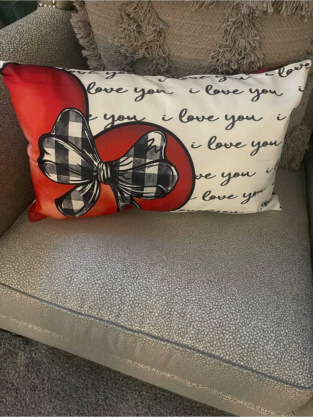 Love Red Heart Decorative Pillow with Black Plaid Bow